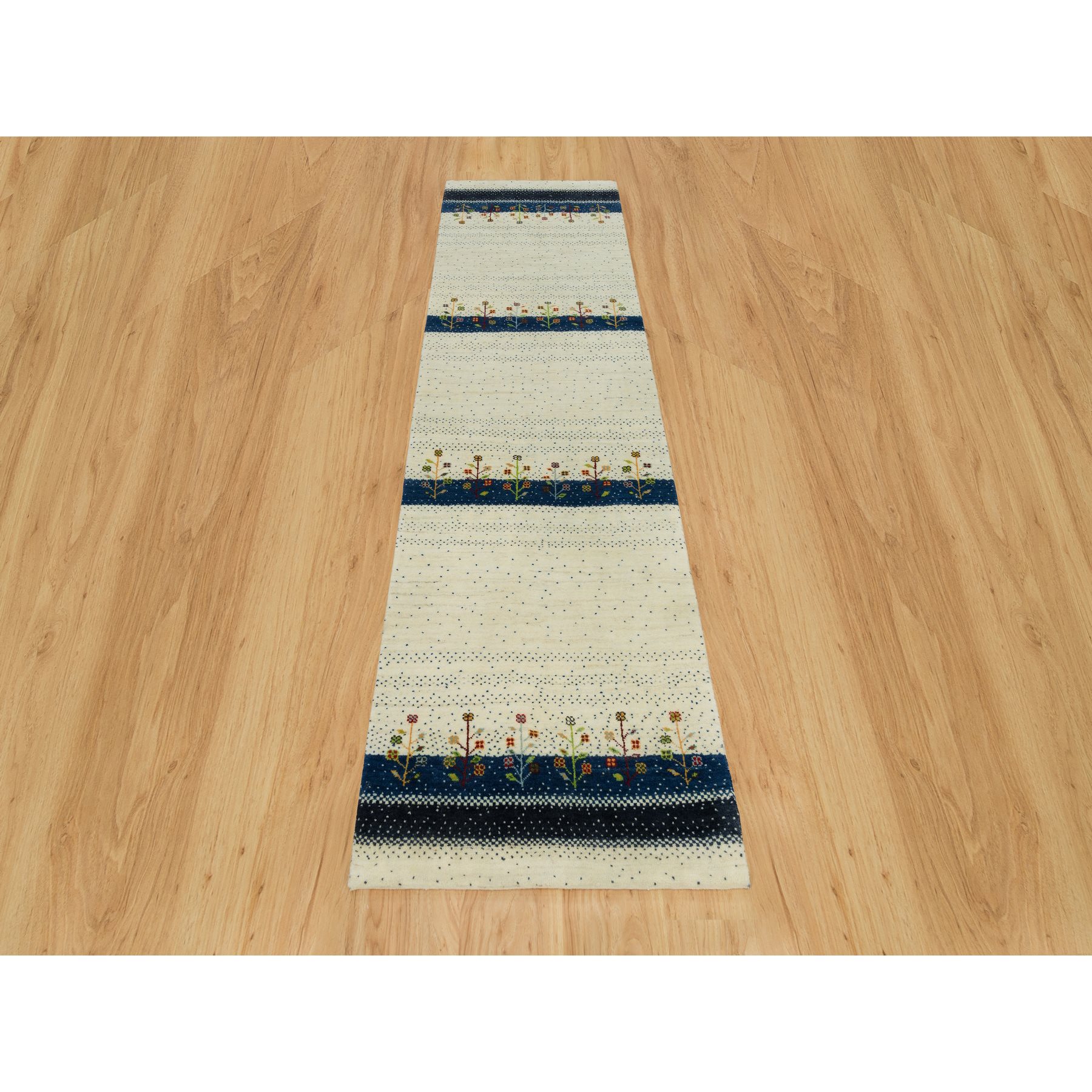 2'7"x9'6" Retro White, Modern Lori Buft Gabbeh Tree Design, 100% Wool, Thick and Plush, Hand Knotted Oriental Runner Rug HR90396 - Image 2