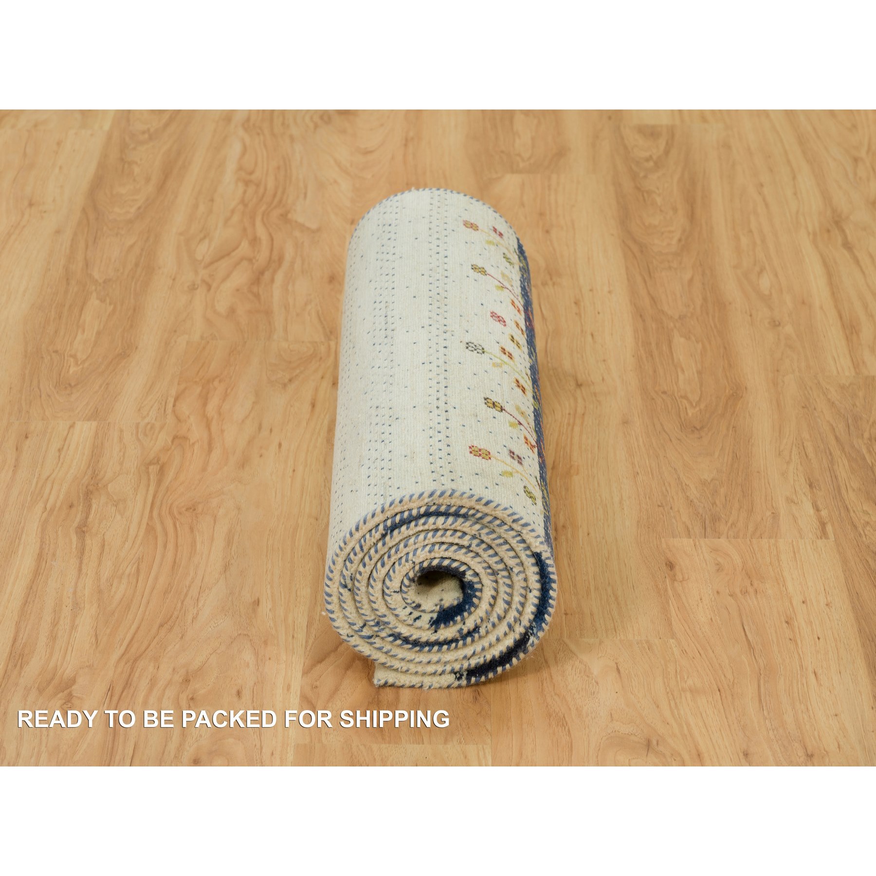 2'7"x9'6" Retro White, Modern Lori Buft Gabbeh Tree Design, 100% Wool, Thick and Plush, Hand Knotted Oriental Runner Rug HR90396 - Image 6