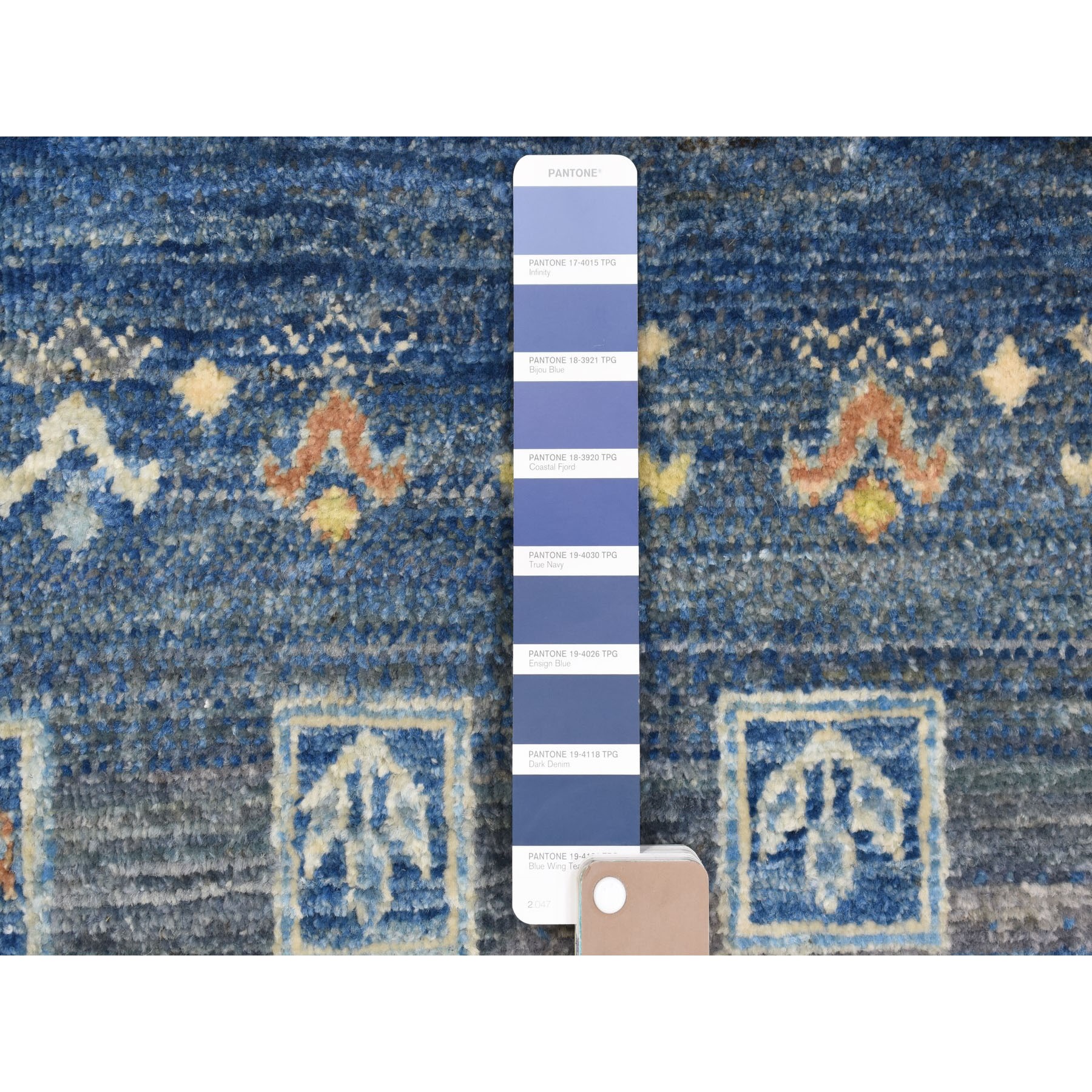 2'5"x9'7" Denim Blue In A Colorful Palette Hand Knotted Kashkuli Gabbeh Pure Velvety Wool Oriental Runner Rug HR67399 - Image 3