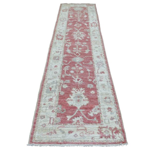 2'9"x11'6" Coral Red Angora Ushak with Bold Floral Pattern Afghan Wool Hand Knotted Oriental Runner Rug HR69854