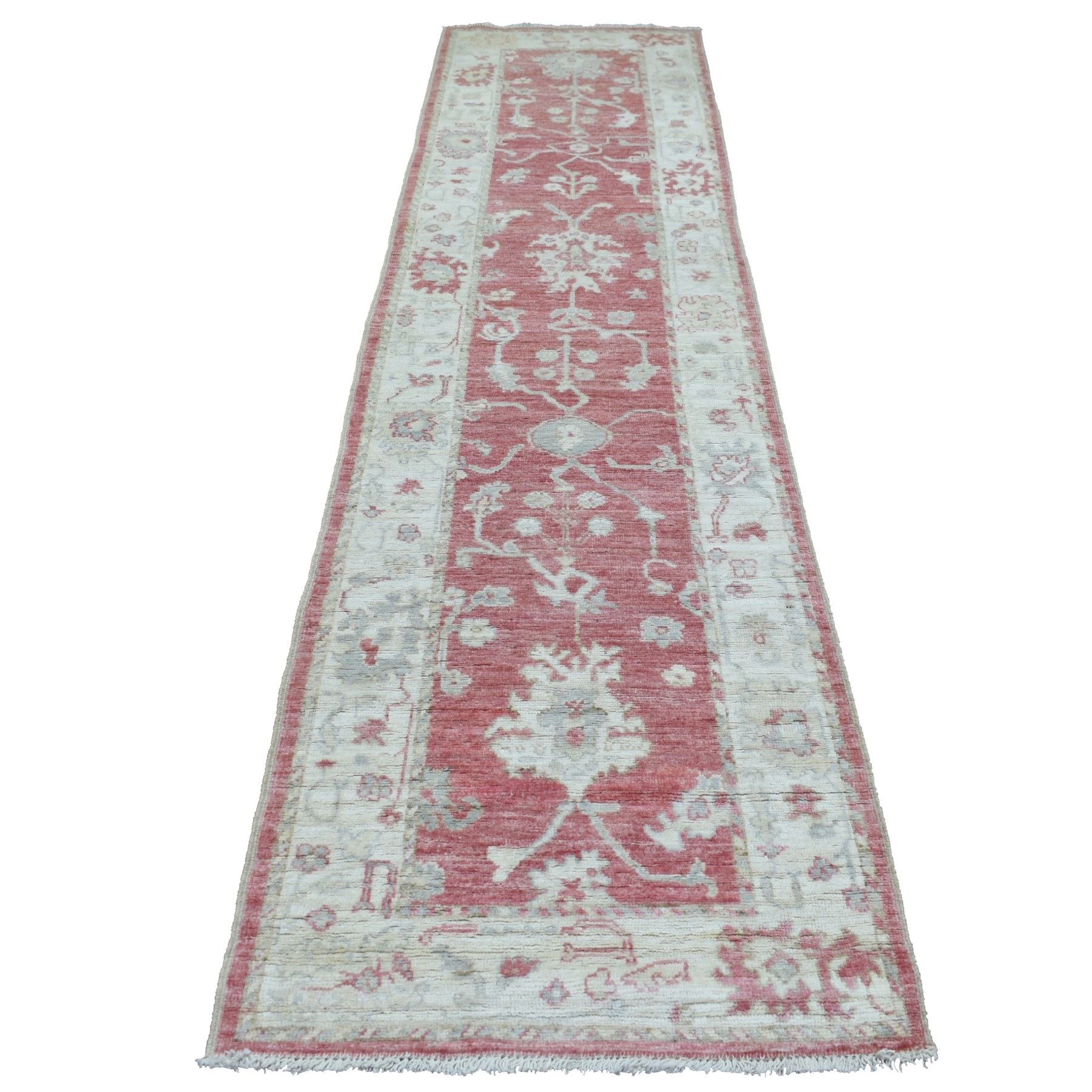2'9"x11'6" Coral Red Angora Ushak with Bold Floral Pattern Afghan Wool Hand Knotted Oriental Runner Rug HR69854