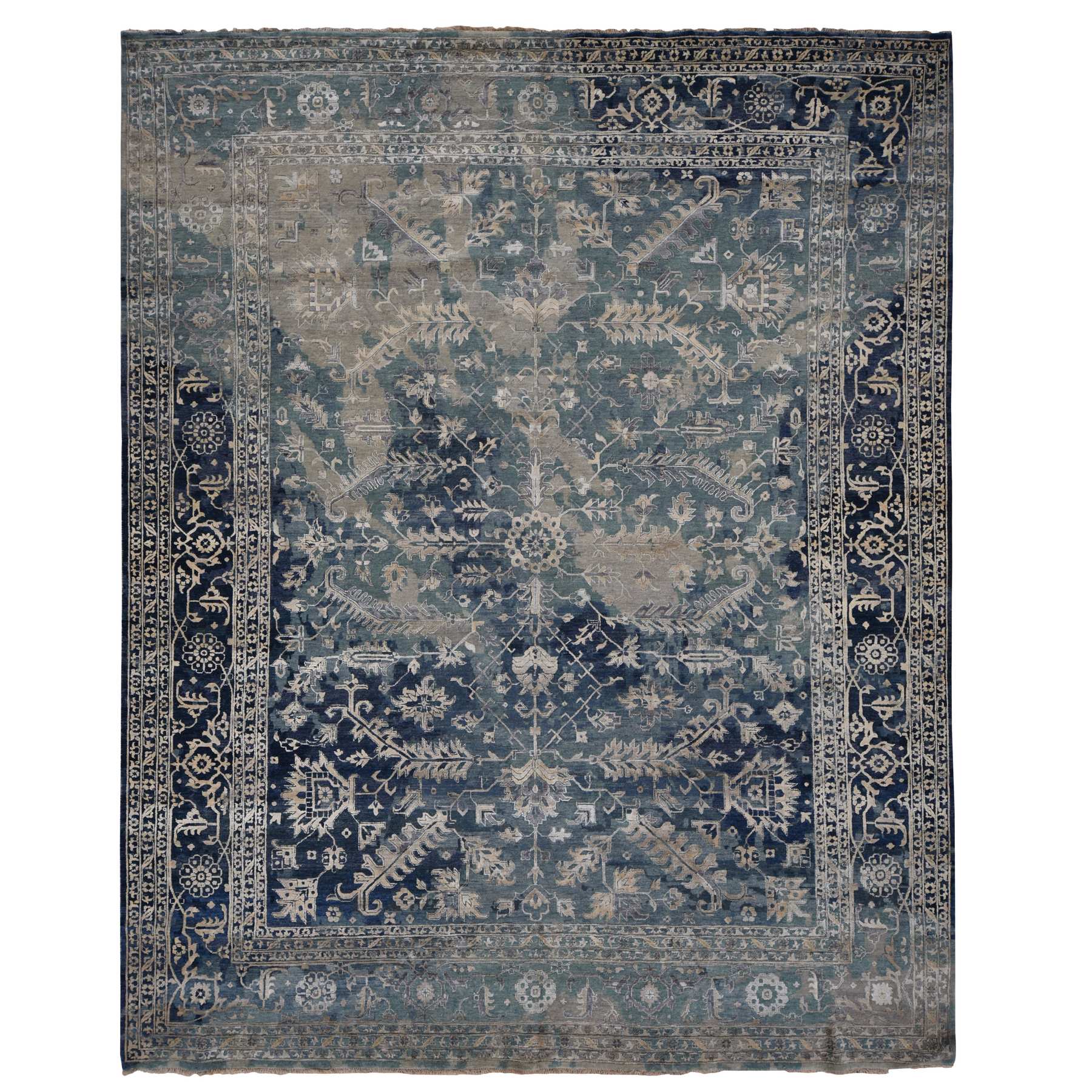 11'9"x14'9" Air Force Blue, Broken and Erased Persian Heriz Design, Wool and Silk, Hand Knotted, Oversized Oriental Rug HR78006