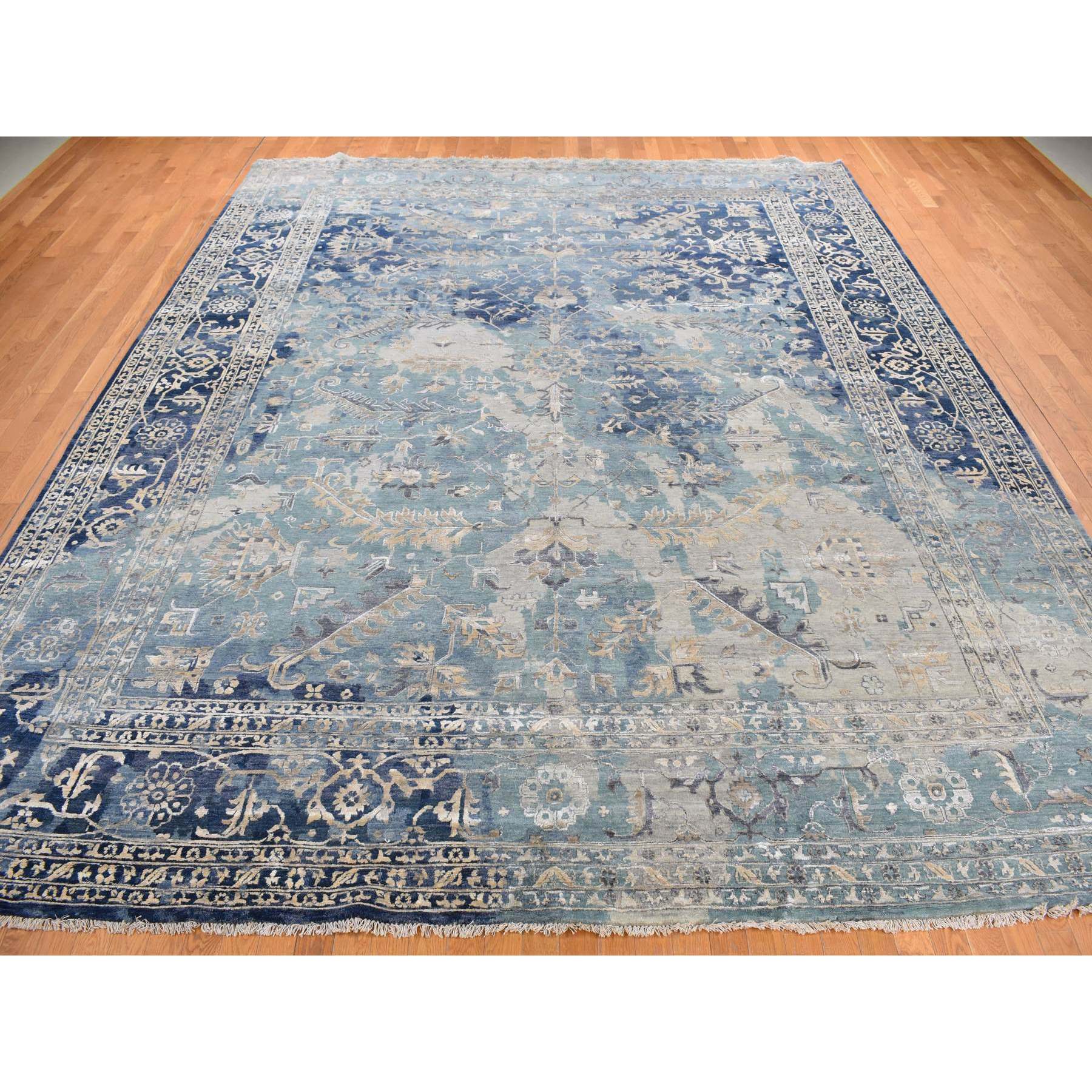 11'9"x14'9" Air Force Blue, Broken and Erased Persian Heriz Design, Wool and Silk, Hand Knotted, Oversized Oriental Rug HR78006 - Image 2