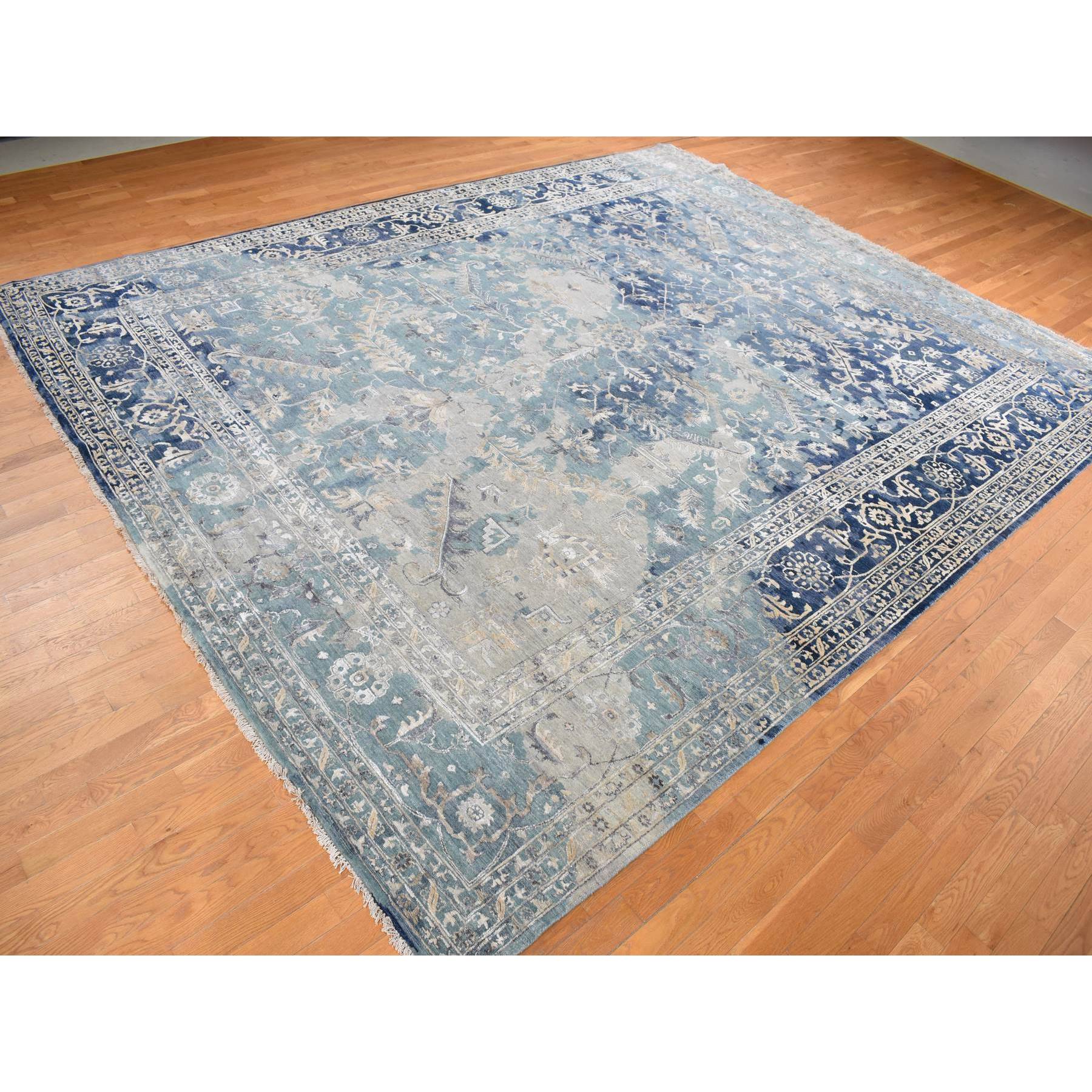 11'9"x14'9" Air Force Blue, Broken and Erased Persian Heriz Design, Wool and Silk, Hand Knotted, Oversized Oriental Rug HR78006 - Image 3