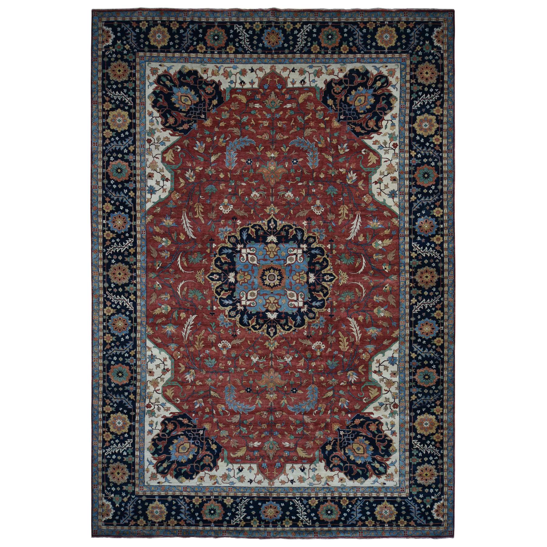 12'x17'9" Barn Red, Hand Knotted, Antiqued Heriz Re-Creation, Pure Wool, Oversized Oriental Rug HR78009