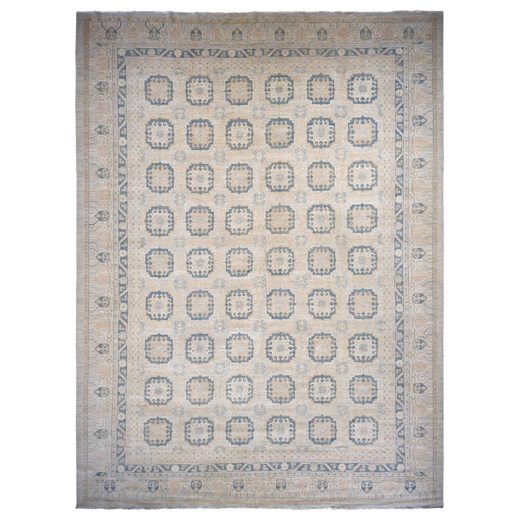 13'x17'7" Pale Ivory, White Wash Khotan with Repetitive Geometric Gul Design, Hand Knotted, Pure Wool, Extra Wide, Oversized, Oriental Rug HR78012