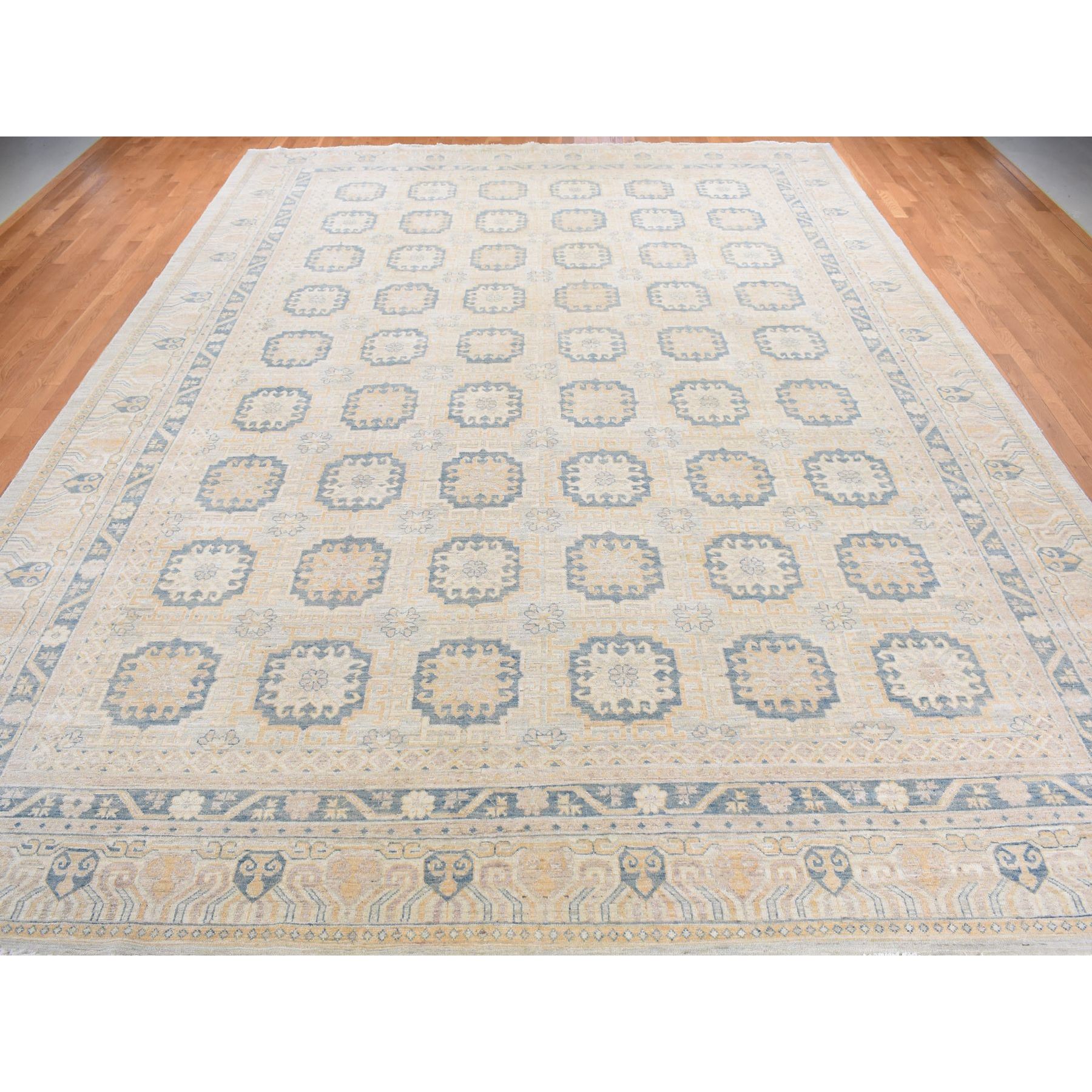 13'x17'7" Pale Ivory, White Wash Khotan with Repetitive Geometric Gul Design, Hand Knotted, Pure Wool, Extra Wide, Oversized, Oriental Rug HR78012 - Image 2