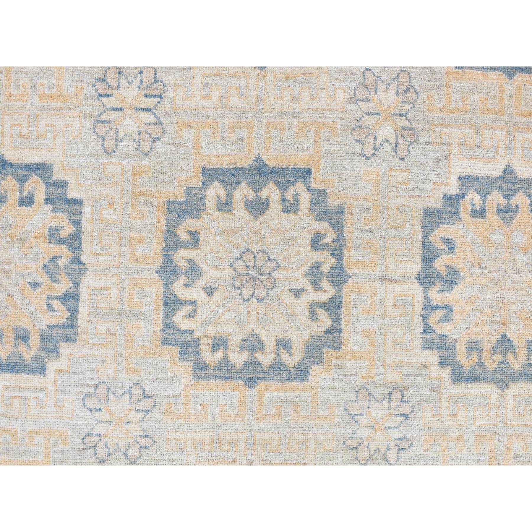 13'x17'7" Pale Ivory, White Wash Khotan with Repetitive Geometric Gul Design, Hand Knotted, Pure Wool, Extra Wide, Oversized, Oriental Rug HR78012 - Image 7