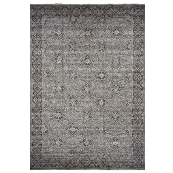 11'10"x18'6" Fossil Gray, Mughal Inspired Medallions Design, Textured Wool and Silk, Hand Knotted, Oversized, Oriental Rug HR78016