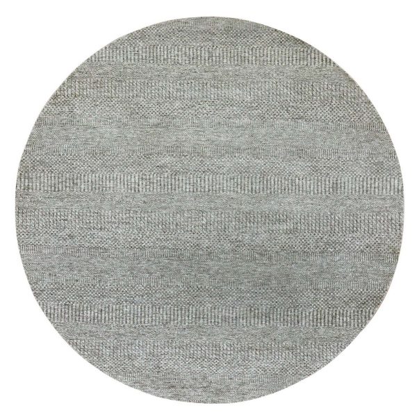 6'x6' Gauntlet Gray, Hand Knotted, Shabby Chic, Modern 100% Undyed Wool With Grass Design, Tone On Tone, Organic Sustainable Textile Oriental Round Rug HR79657