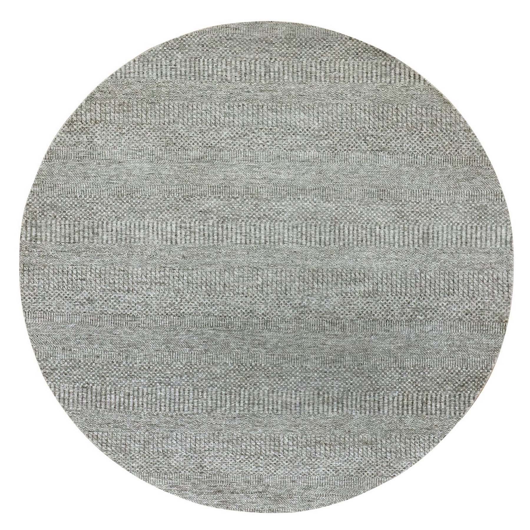 6'x6' Gauntlet Gray, Hand Knotted, Shabby Chic, Modern 100% Undyed Wool With Grass Design, Tone On Tone, Organic Sustainable Textile Oriental Round Rug HR79657
