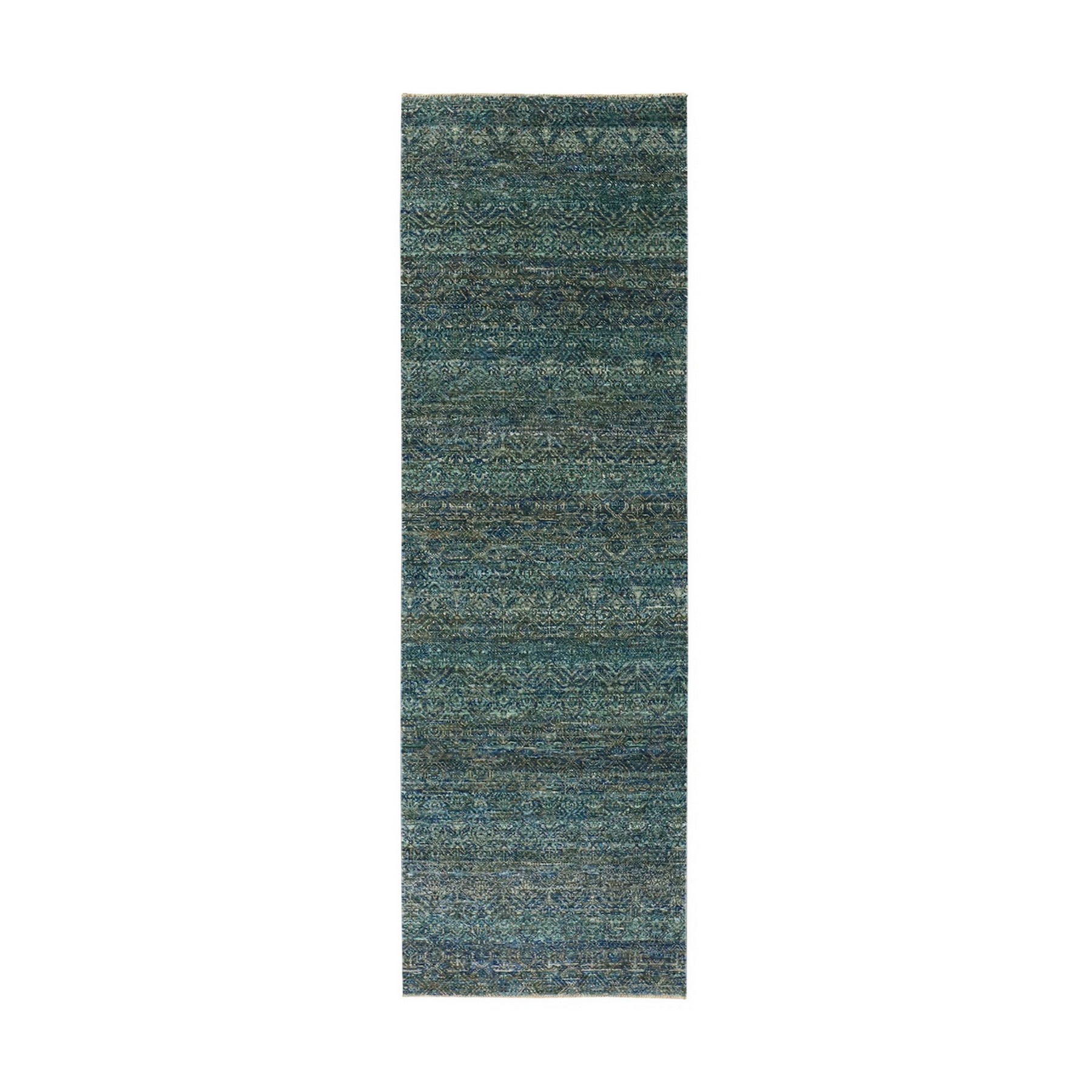 2'6"x8' Cerulean Forest Green, Diamond Shape Repetitive Design, Kohinoor Herat, Soft To The Touch All Wool, Hand Knotted, Runner Oriental Rug HR79669