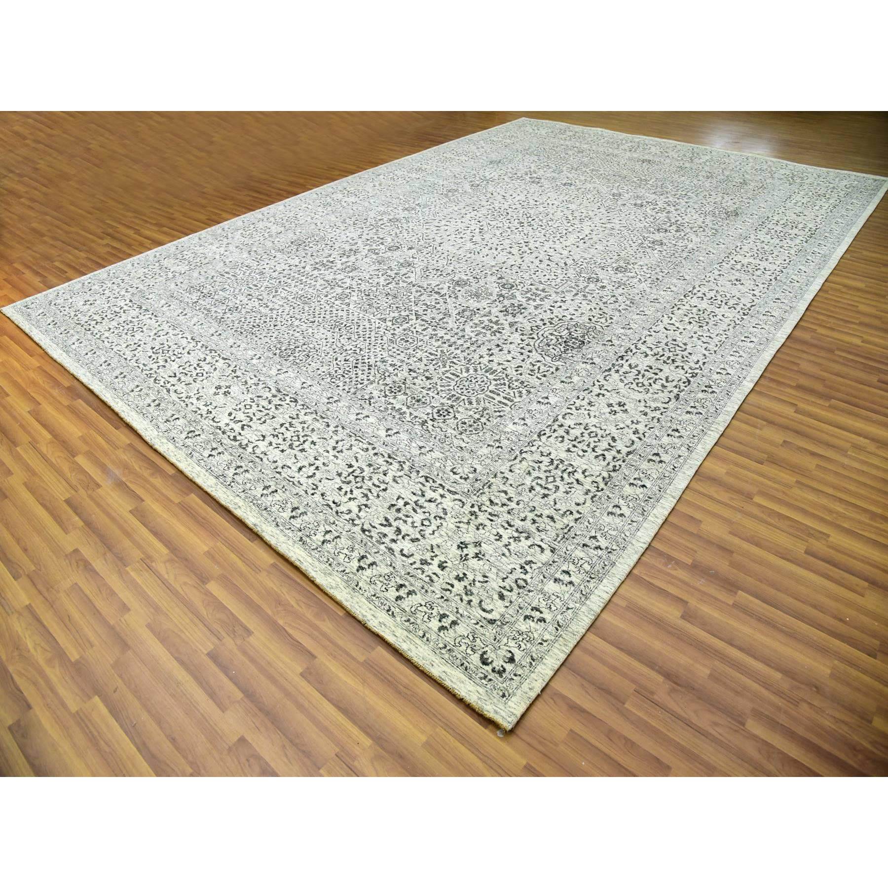 12'1"x18' Chiffon White, Mamluk Dynasty, Tone on Tone Design, Undyed Pure Wool, Hand Knotted, Oversized Oriental Rug HR79680 - Image 3