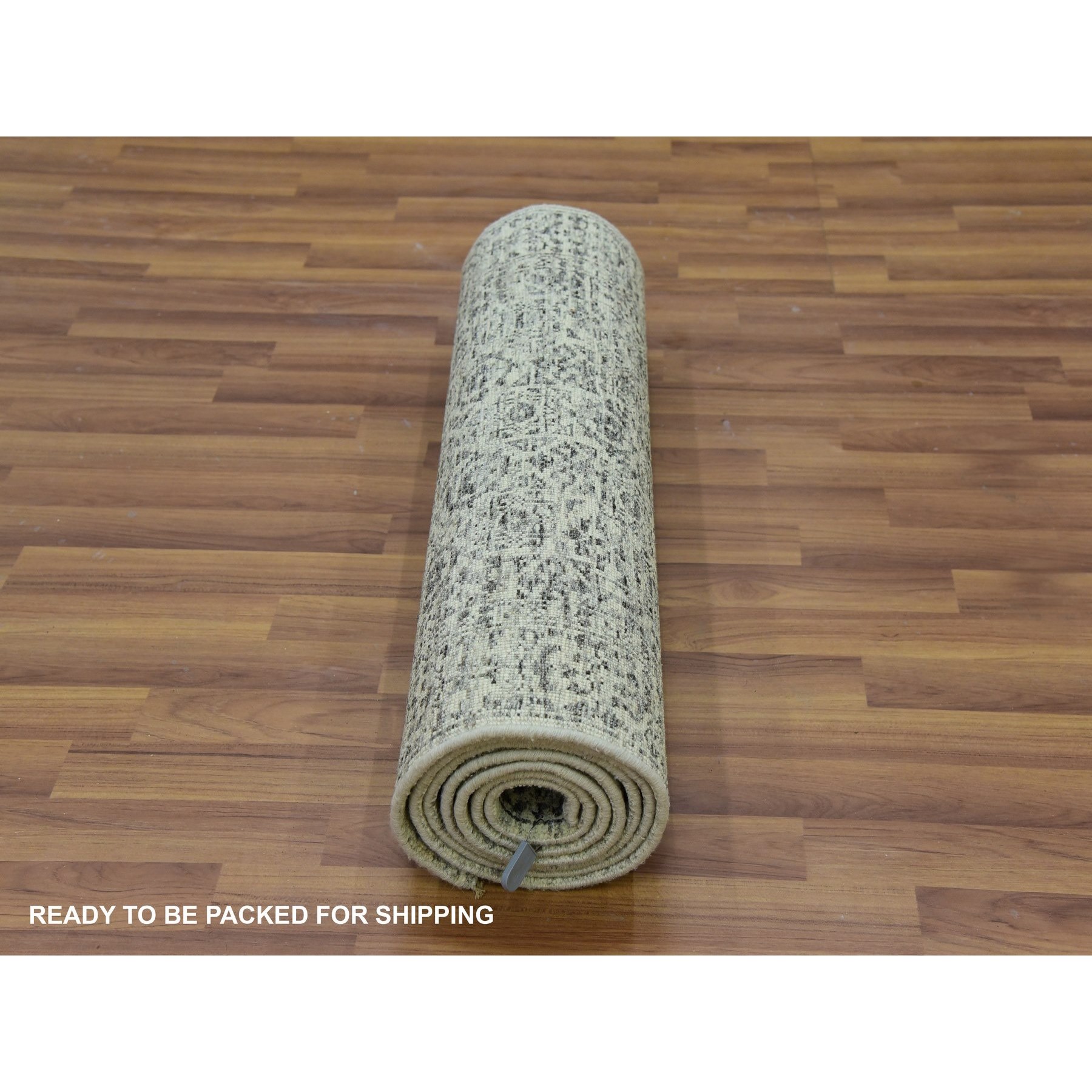 2'8"x10' Peppermint White, Mamluk Dynasty, Tone on Tone Design, Undyed 100% Wool, Hand Knotted, Runner Oriental Rug HR79684 - Image 5