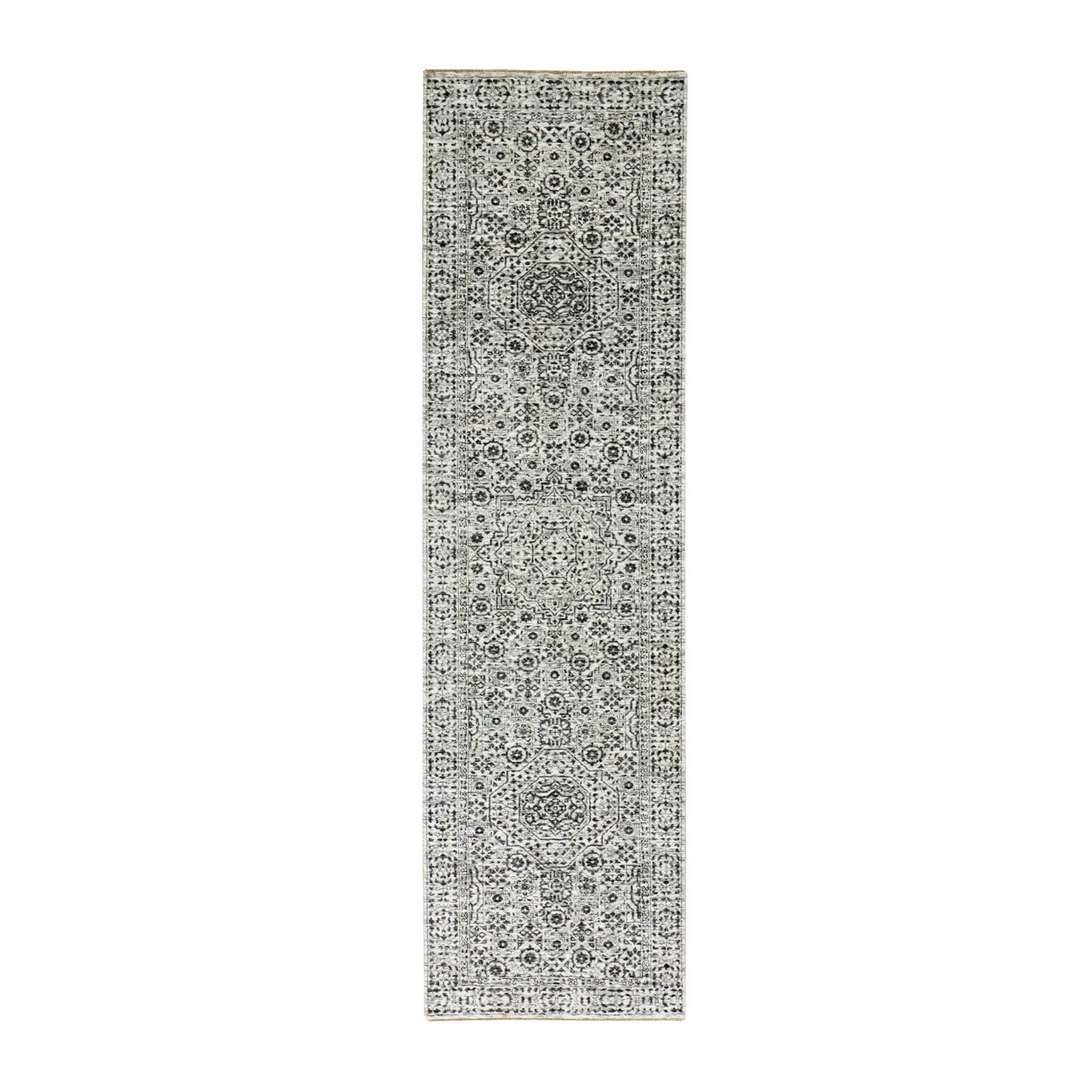2'9"x10' Paris White, Mamluk Dynasty, Tone on Tone Design, Undyed 100% Wool, Hand Knotted, Runner Oriental Rug HR79686