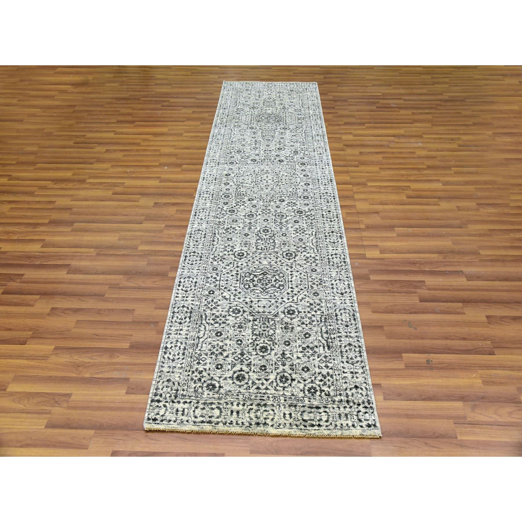 2'9"x10' Paris White, Mamluk Dynasty, Tone on Tone Design, Undyed 100% Wool, Hand Knotted, Runner Oriental Rug HR79686 - Image 2