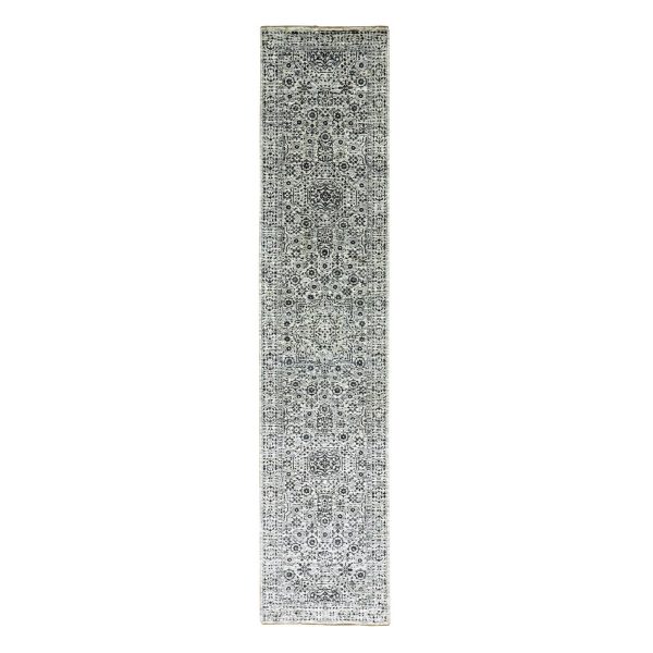 2'7"x12' Honeydew White, Luxurious Wool, Hand Knotted, Mamluk Dynasty, Tone on Tone Design, Undyed, Runner Oriental Rug HR79687