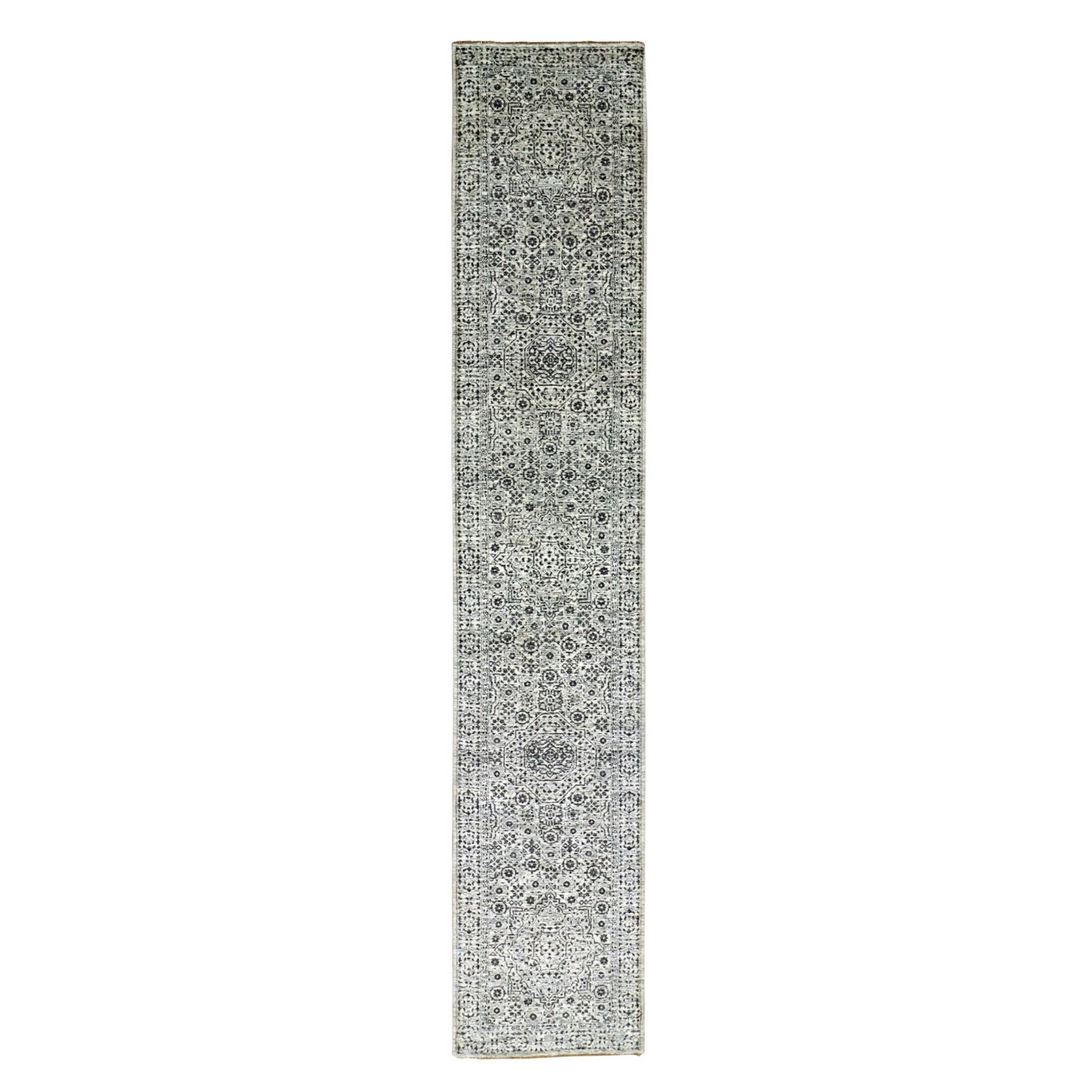2'7"x14'1" Mint Cream White, Mamluk Dynasty, Tone on Tone, Luxurious Wool, Denser Weave, Hand Knotted, Runner Oriental Rug HR79688