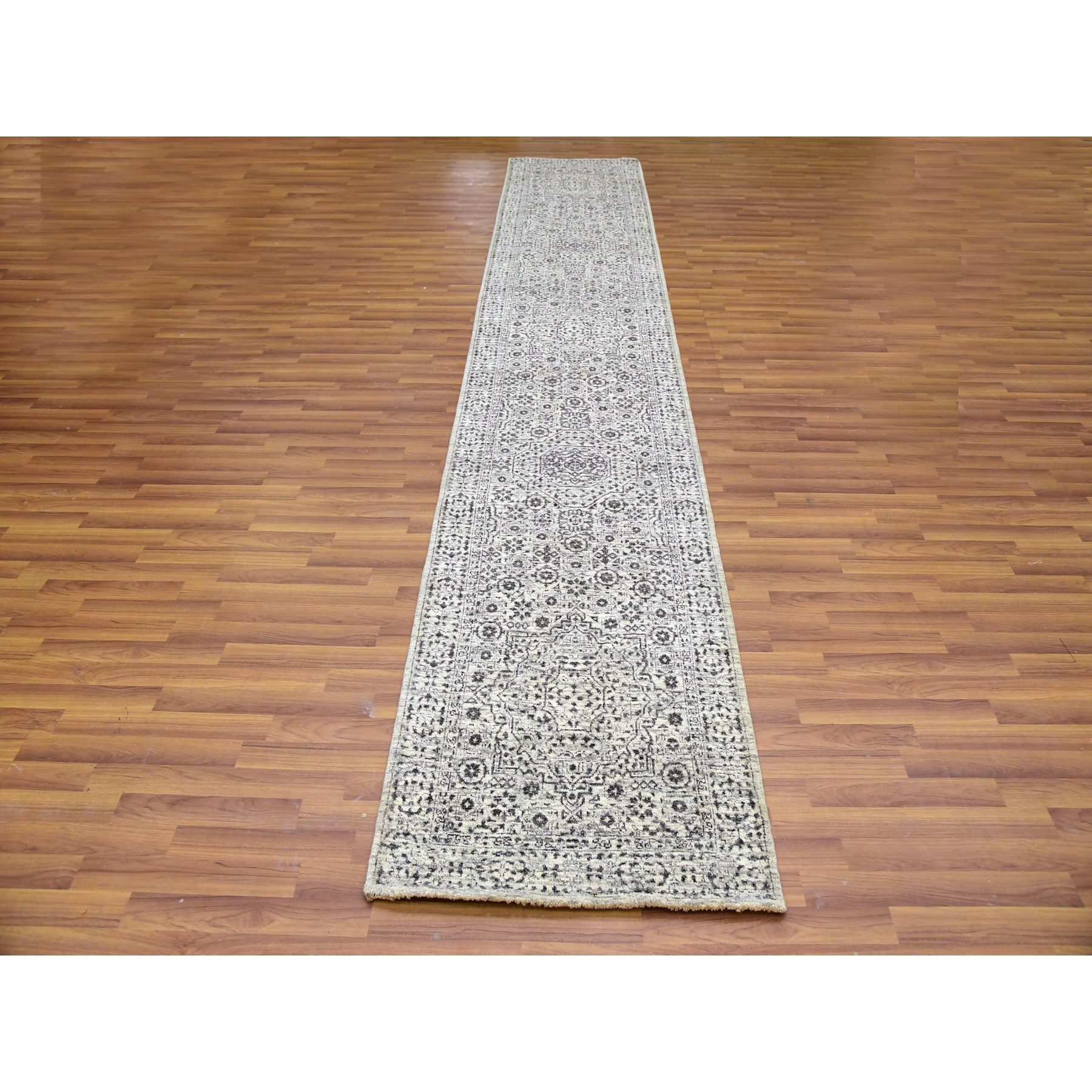 2'7"x14'1" Mint Cream White, Mamluk Dynasty, Tone on Tone, Luxurious Wool, Denser Weave, Hand Knotted, Runner Oriental Rug HR79688 - Image 2