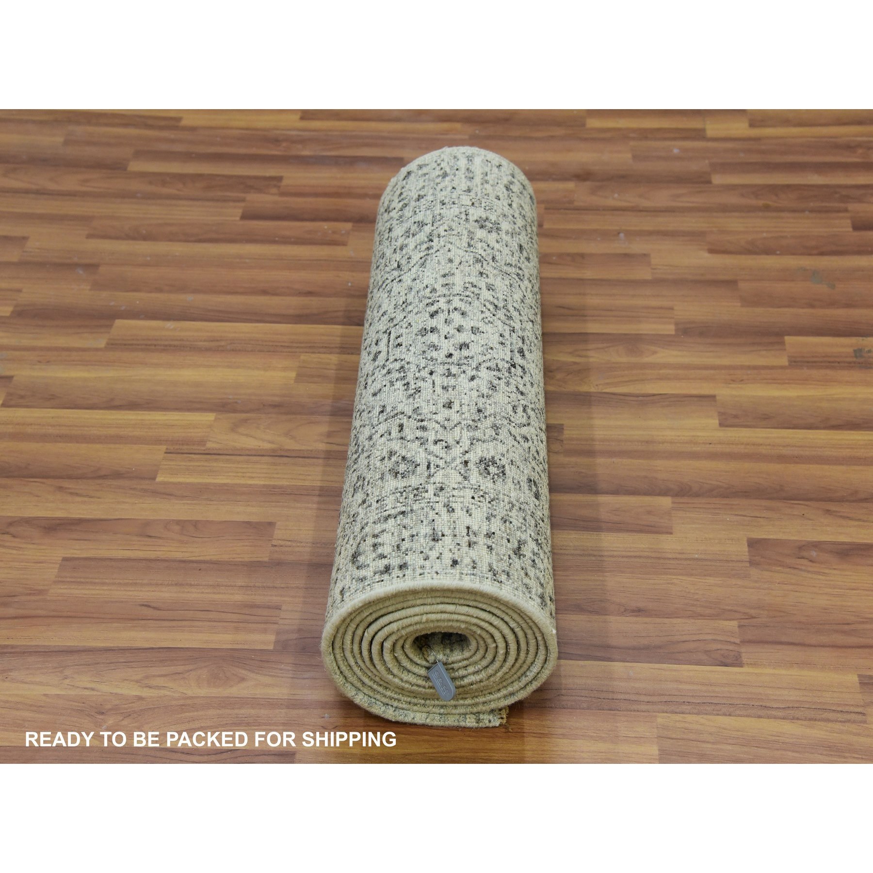 2'7"x14'1" Mint Cream White, Mamluk Dynasty, Tone on Tone, Luxurious Wool, Denser Weave, Hand Knotted, Runner Oriental Rug HR79688 - Image 5