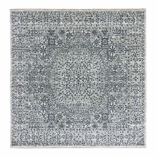 6'x6' Moon Mist White, Mamluk Dynasty, Tone on Tone Design, Undyed 100% Wool, Hand Knotted, Square Oriental Rug HR79798