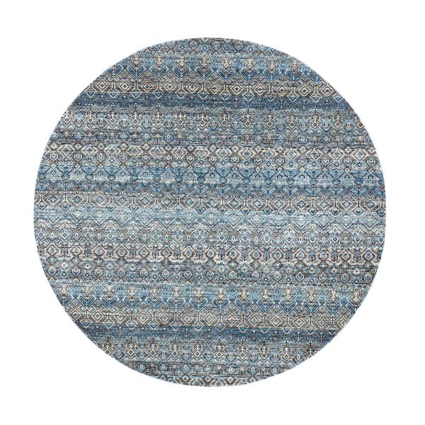 6'x5'11" Ocean Blue, 100% Plush Wool, Hand Knotted, Kohinoor Herat Small Geometric Repetitive Design, Round Oriental Rug HR79802