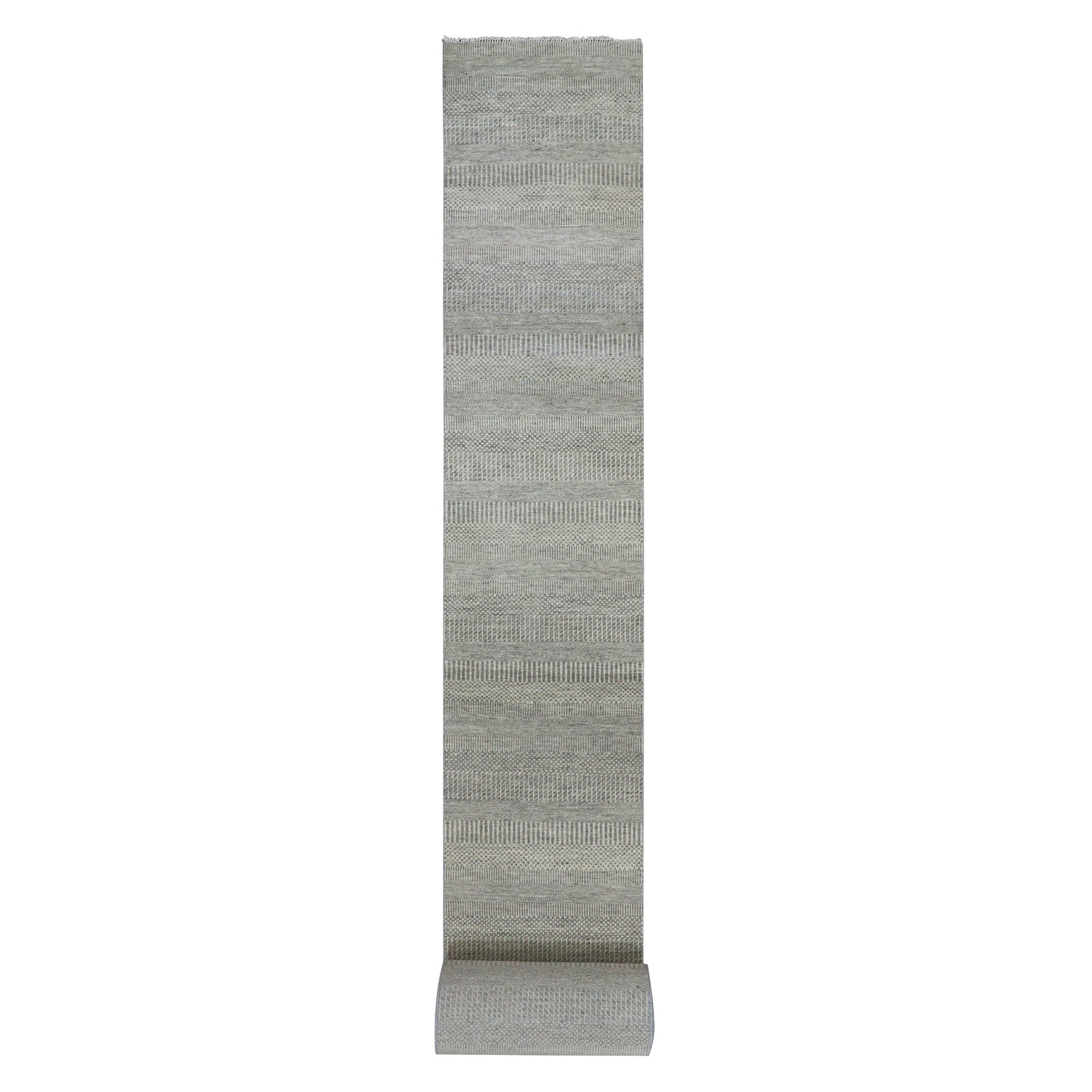 2'5"x26'3" Revere Pewter Gray, Undyed, Tone on Tone, Extra Soft Wool, Modern Hand Knotted and Grass Design, Oriental XL Runner Rug HR79884