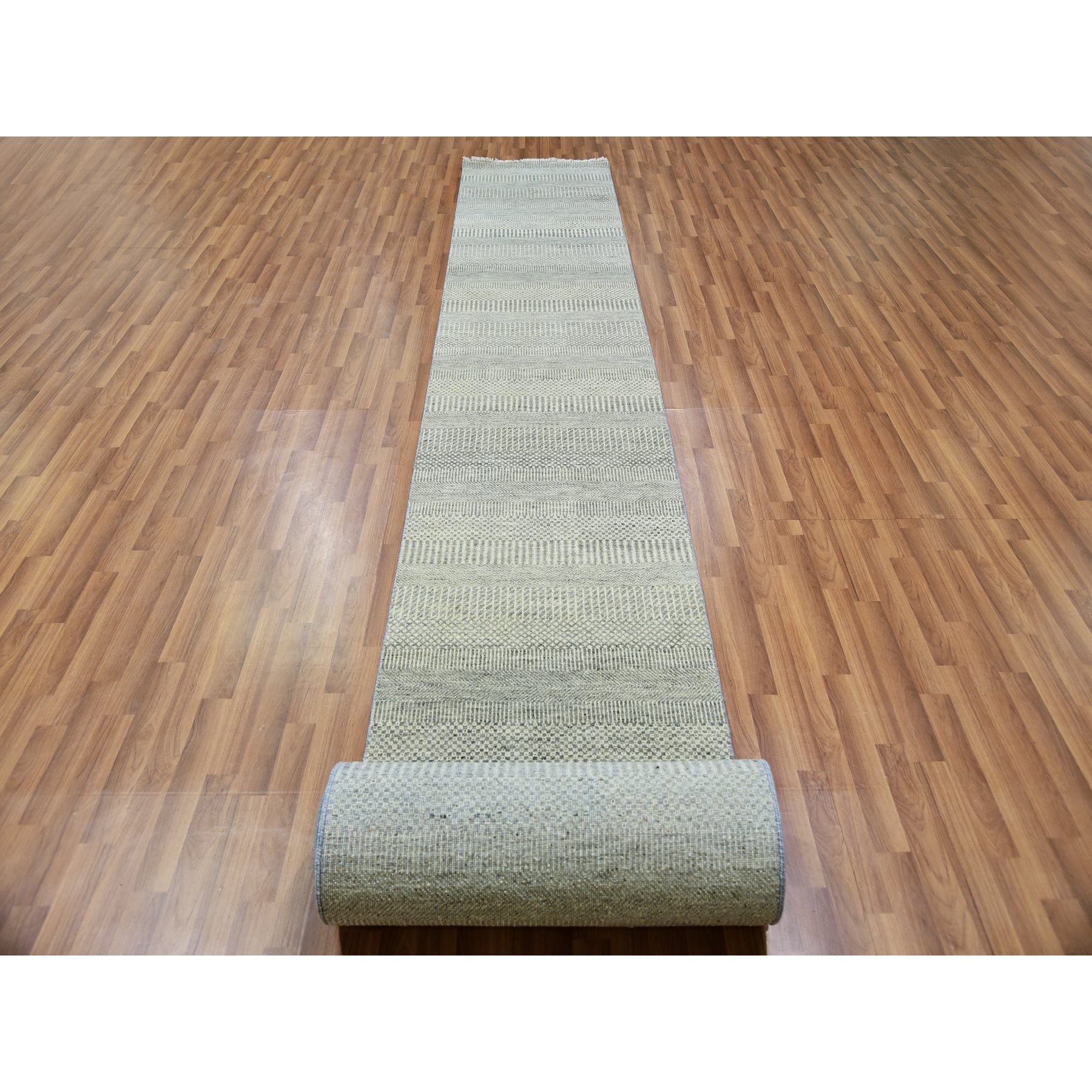 2'5"x26'3" Revere Pewter Gray, Undyed, Tone on Tone, Extra Soft Wool, Modern Hand Knotted and Grass Design, Oriental XL Runner Rug HR79884 - Image 2