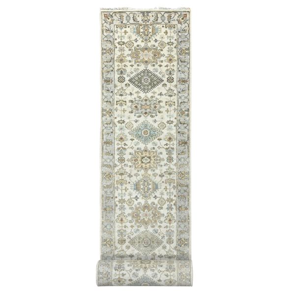 2'9"x17'10" Frosted Dawn White, Soft and Shiny Wool, Hand Knotted, Karajeh Design With Geometric Medallions, Denser Weave, Soft to The Touch Pile, XL Runner Oriental Rug HR84826