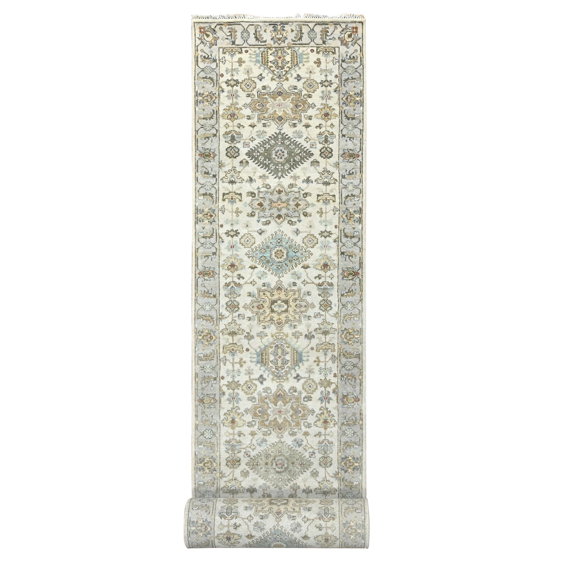 2'9"x17'10" Frosted Dawn White, Soft and Shiny Wool, Hand Knotted, Karajeh Design With Geometric Medallions, Denser Weave, Soft to The Touch Pile, XL Runner Oriental Rug HR84826
