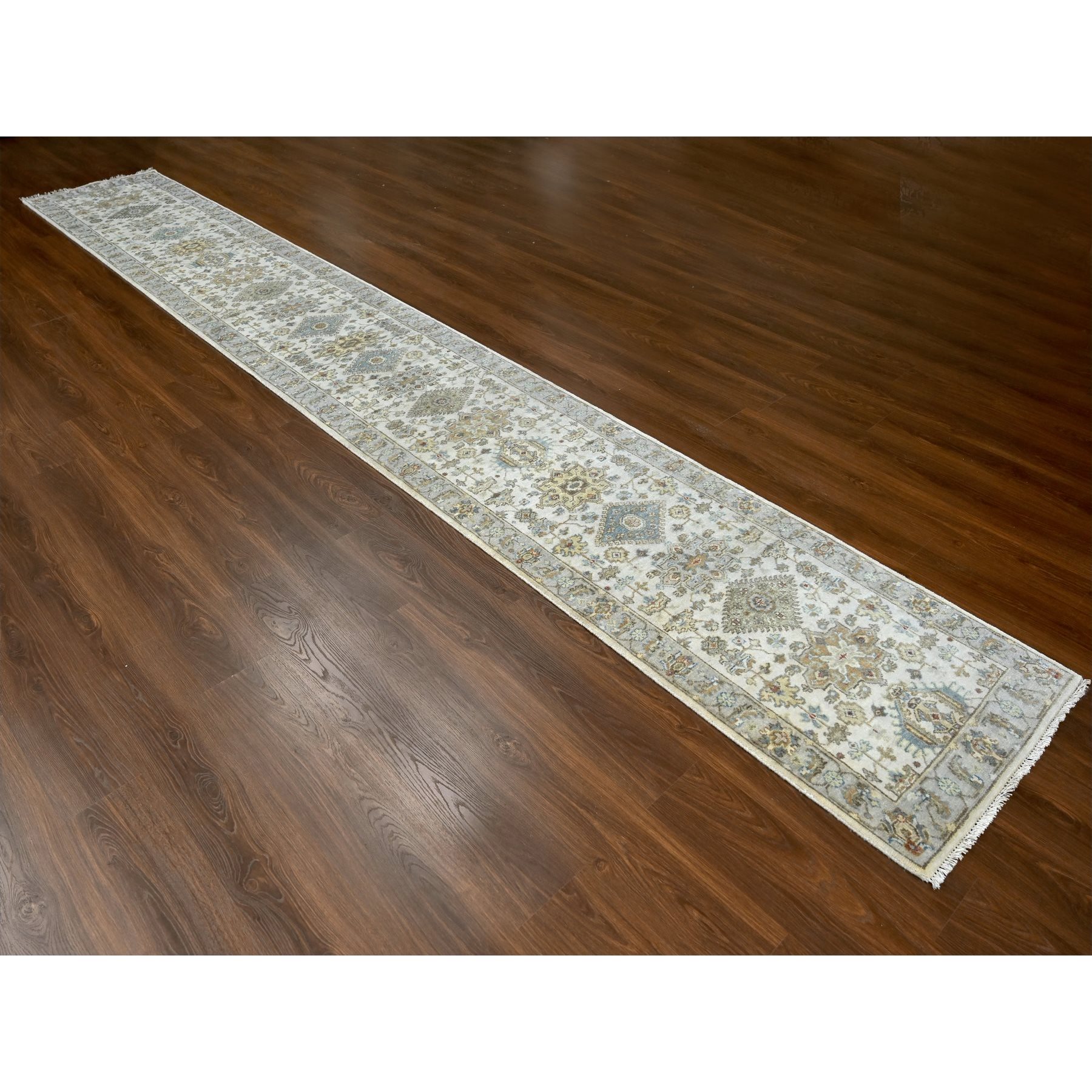 2'9"x17'10" Frosted Dawn White, Soft and Shiny Wool, Hand Knotted, Karajeh Design With Geometric Medallions, Denser Weave, Soft to The Touch Pile, XL Runner Oriental Rug HR84826 - Image 2