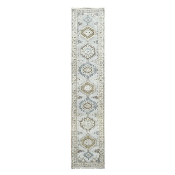 2'8"x14'1" Habor Haze Gray With Ivory Border, Extra Soft Wool, Natural Dyes, Denser Weave, Hand Knotted Persian Village Inspired Geometric Medallions Design, Soft Pile, Oriental Runner Rug HR84830