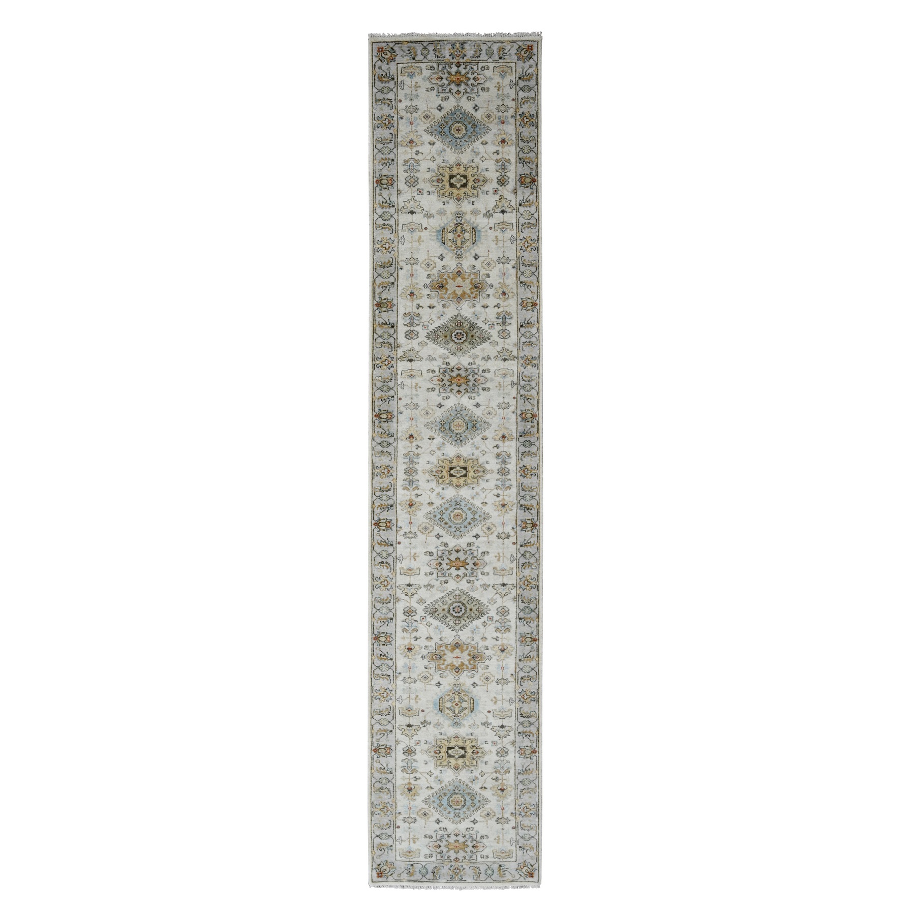 2'9"x13'8" Snowbound White With American Silver Gray, Tribal Geometric Motifs Hand Knotted Karajeh Design, Vegetable Dyes, Soft Pile, 100% Wool, Runner Oriental Rug HR84841
