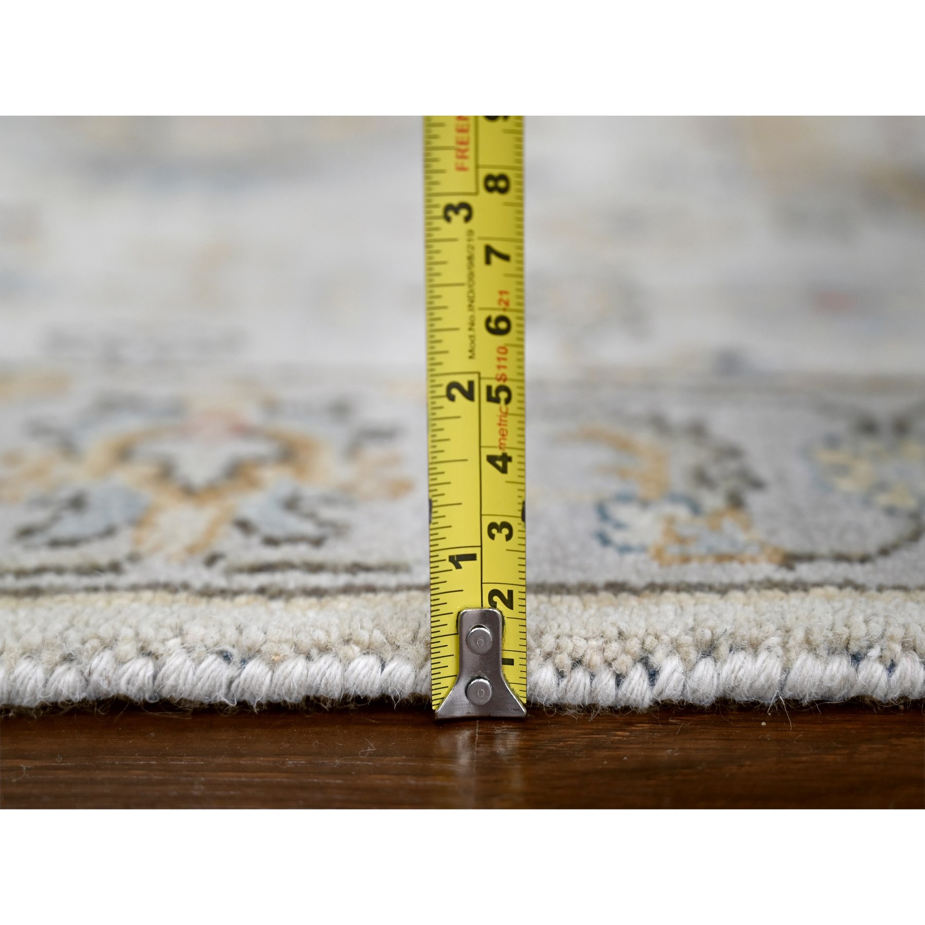 2'9"x13'8" Snowbound White With American Silver Gray, Tribal Geometric Motifs Hand Knotted Karajeh Design, Vegetable Dyes, Soft Pile, 100% Wool, Runner Oriental Rug HR84841 - Image 7