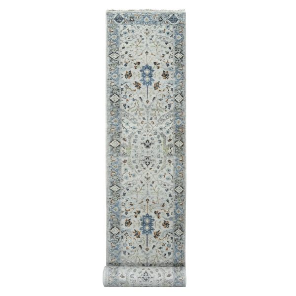 2'5"x18' Pearl With Tin Lizzle Gray, Denser Weave, Vegetable Dyes, Hand Knotted Oushak Floral Motifs Design, 100% Wool, XL Runner Oriental Rug HR84842
