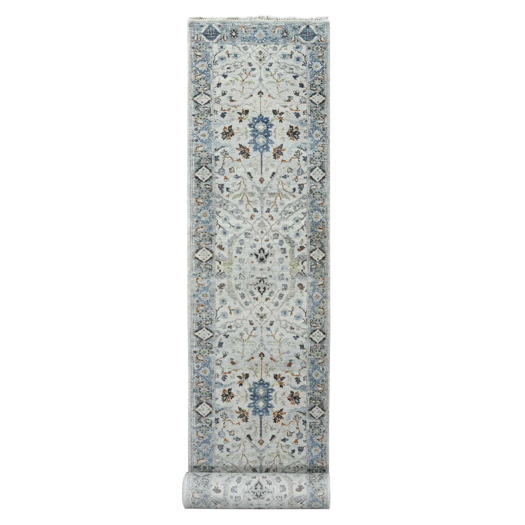 2'5"x18' Pearl With Tin Lizzle Gray, Denser Weave, Vegetable Dyes, Hand Knotted Oushak Floral Motifs Design, 100% Wool, XL Runner Oriental Rug HR84842