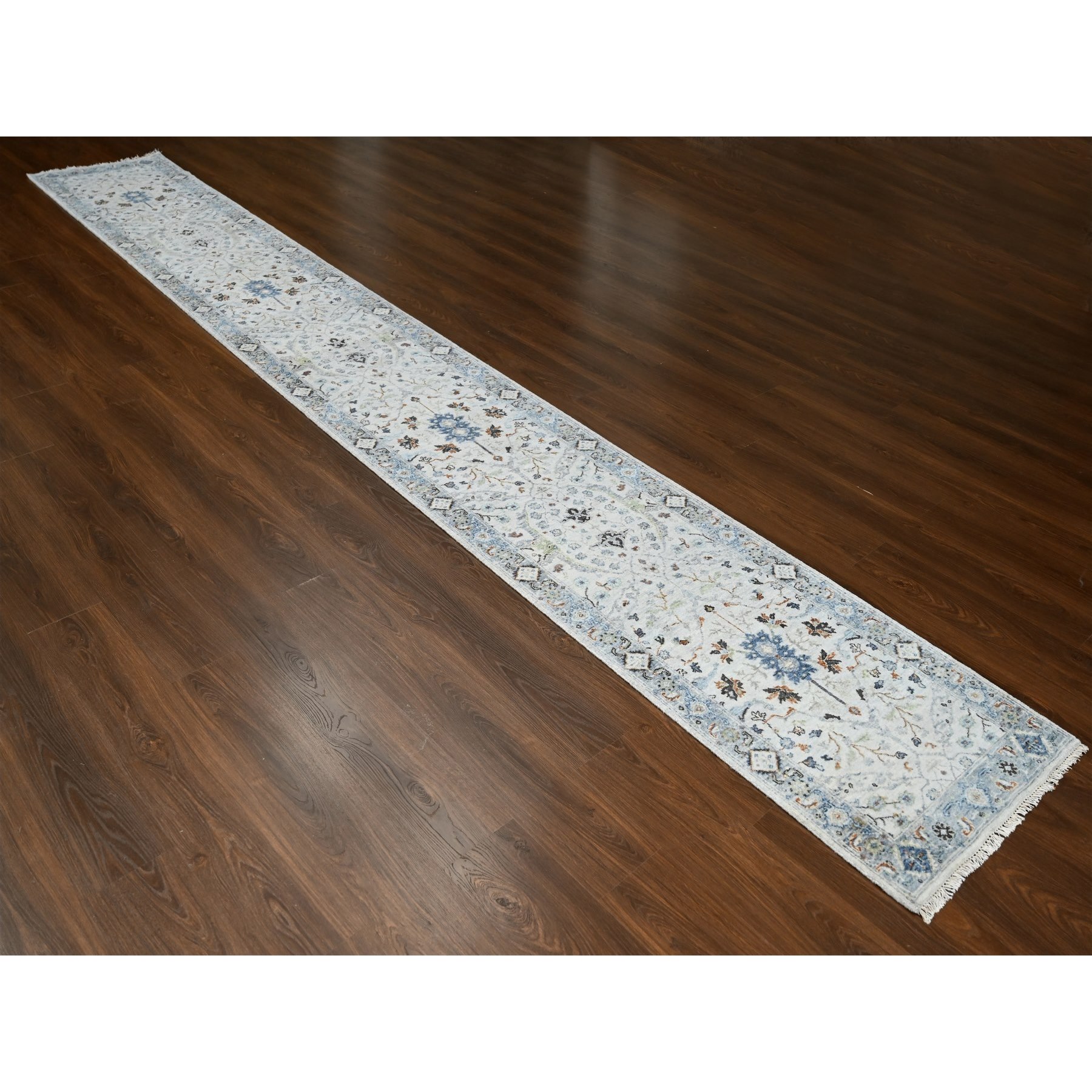 2'5"x18' Pearl With Tin Lizzle Gray, Denser Weave, Vegetable Dyes, Hand Knotted Oushak Floral Motifs Design, 100% Wool, XL Runner Oriental Rug HR84842 - Image 2