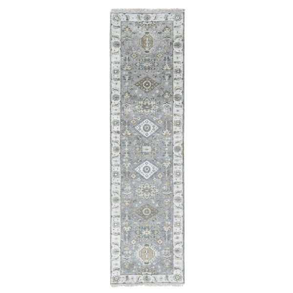 2'7"x10' Boothbay Gray With Cloud White Border, Natural Dyes, Vibrant Wool, Hand Knotted, Karajeh Design With Geometric Motifs, Oriental Runner Rug HR84849
