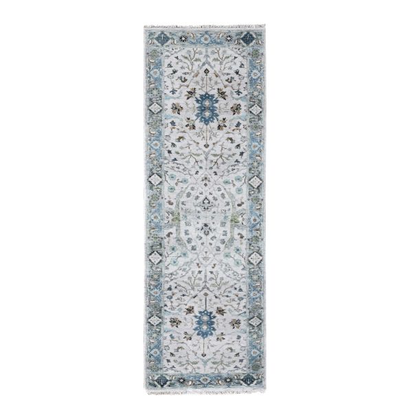2'3"x8' Miller Mood Gray, Velvety and Soft Wool, Densely Woven, Hand Knotted, Floral Motifs Oushak Design Oriental Runner Rug HR84855