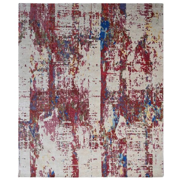 9'3"x12'2" Accessible Beige With Cherries Jubilee Red, Hand Knotted Pure Wool, Modern Abstract Design, Nepali 100 Knots Weave, Tone on Tone Oriental Rug HR84864