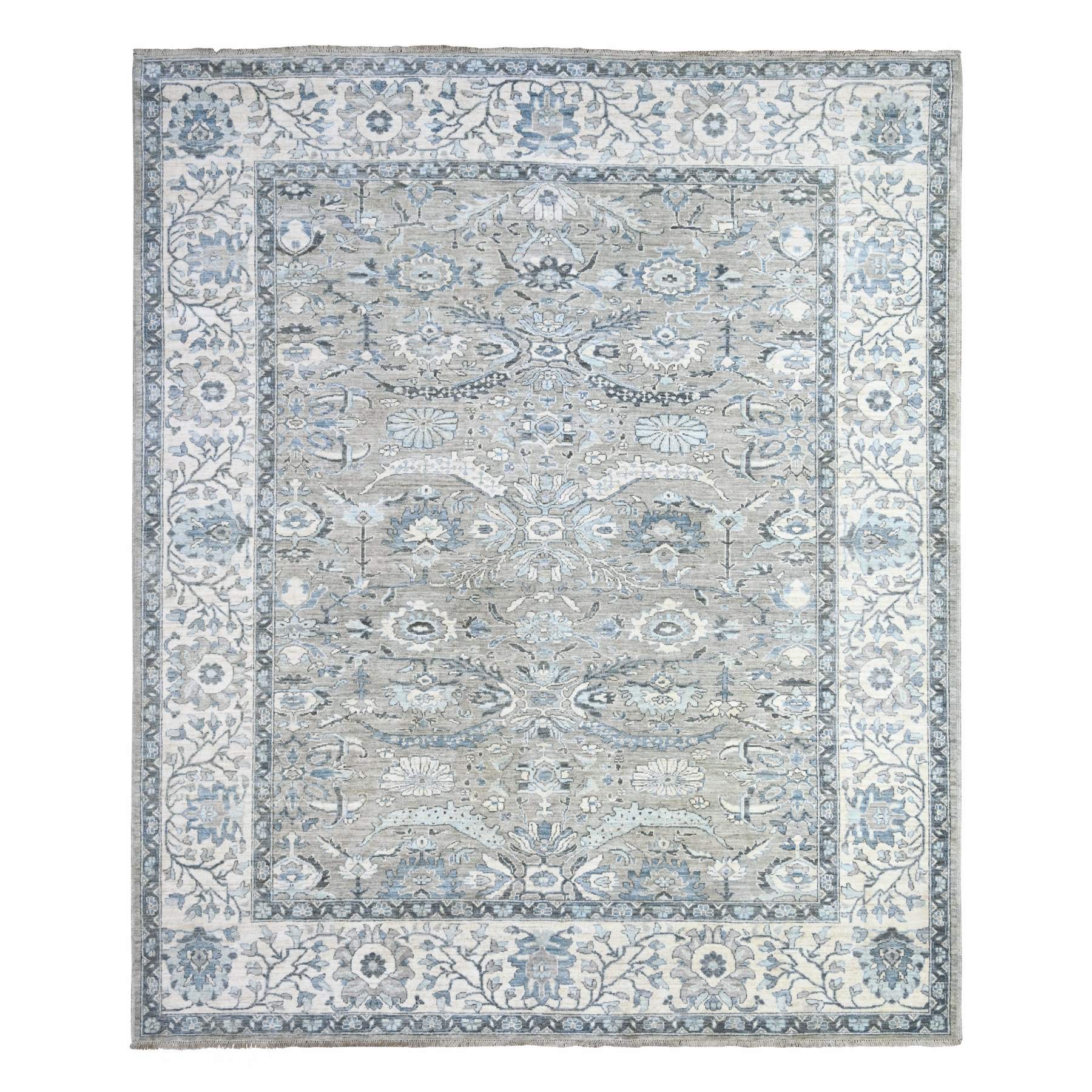 8'3"x10' Repose Gray, Hand Knotted Fine Peshawar Heriz Sickle Leaf Design, Densely Woven, 100% Wool, Natural Dyes Oriental Rug HR88045