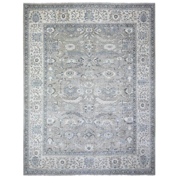 11'6"x15' Mineral Deposit Gray, Fine Peshawar Sickle Leaf Design, Hand Knotted, Denser Weave and Natural Dyes, Pure Wool Oversized Oriental Rug HR88078