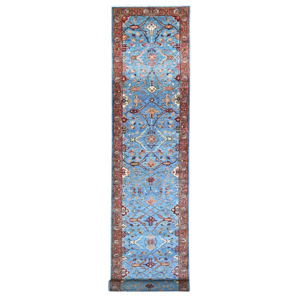 3'7"x21'8" Maya Blue, Fine Aryana, Hand Knotted, Natural Dyes, Vibrant Wool, Wide and Extra Long Runner Oriental Rug HR88253