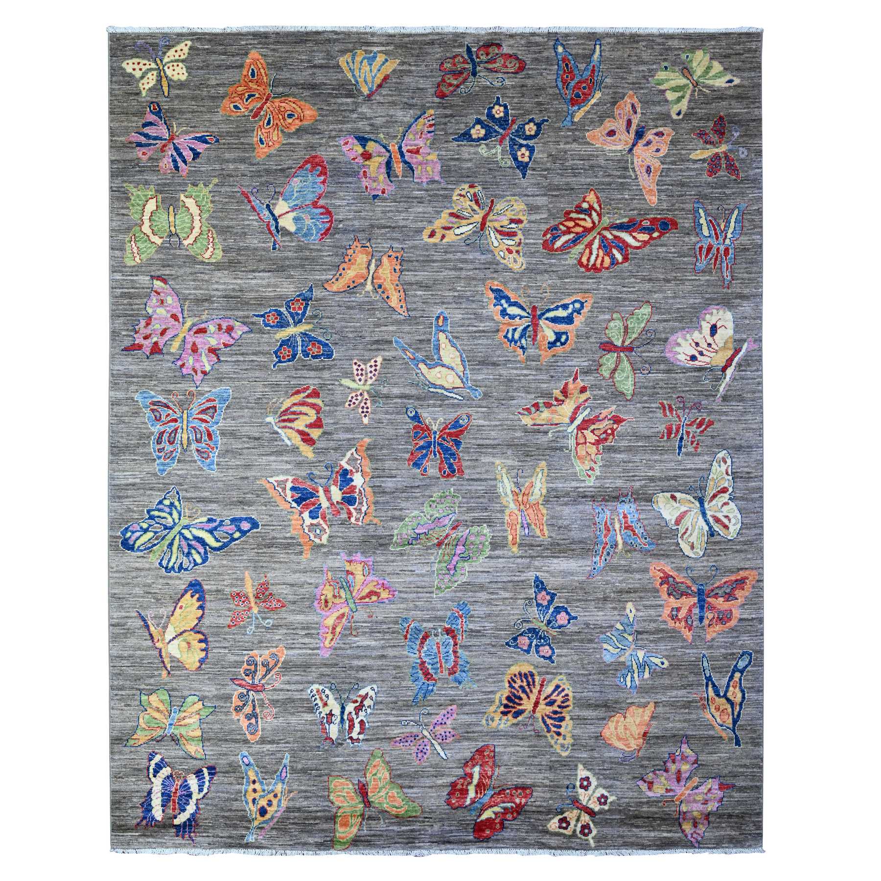 7'8"x9'7" Shark Gray, All Wool Fine Peshawar All Over Colorful Butterflies Design, Hand Knotted Oriental Novelty Rug HR88278