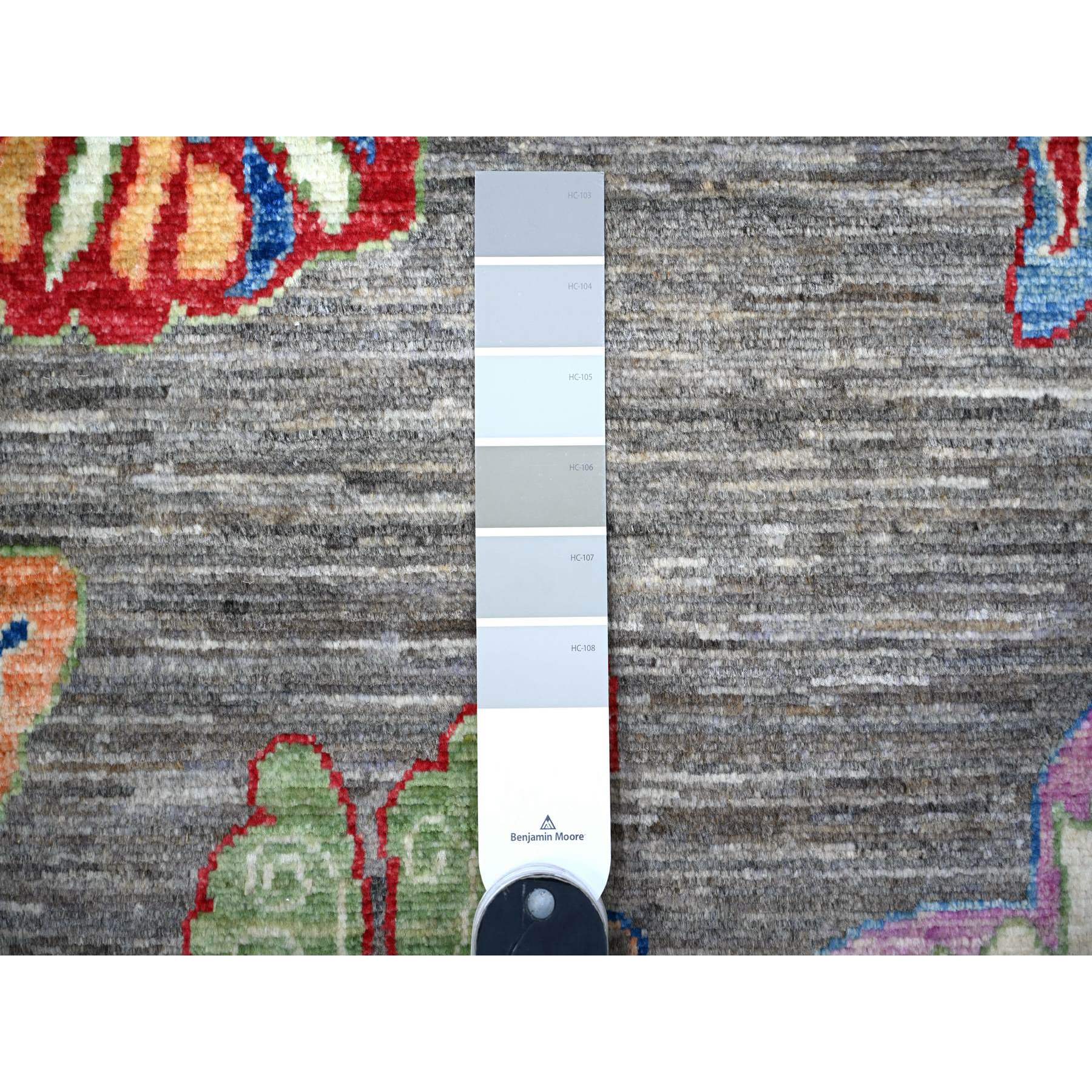 7'8"x9'7" Shark Gray, All Wool Fine Peshawar All Over Colorful Butterflies Design, Hand Knotted Oriental Novelty Rug HR88278 - Image 8