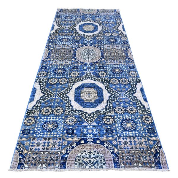 4'x9'10" Air Force Blue, Dense Weave Vegetable Dyes, Soft Wool Hand Knotted, Fine Aryana  with Mamluk Borderless Design, Wide Runner Oriental Rug HR88329