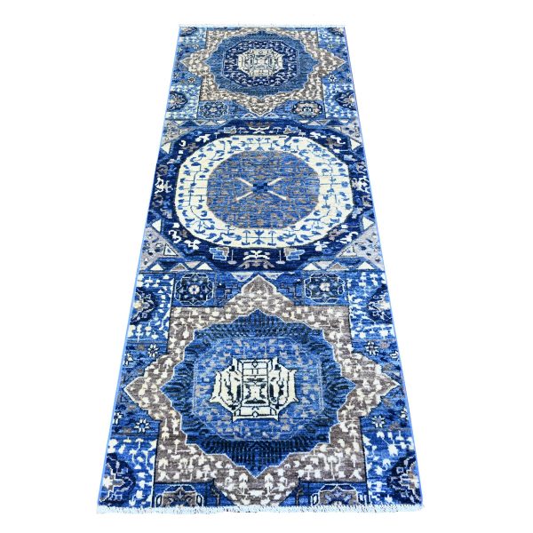 2'6"x6'8" Egyptian Blue, Dense Weave Vegetable Dyes, Soft Wool Hand Knotted, Fine Aryana  with Mamluk Borderless Design, Oriental Rug HR88334