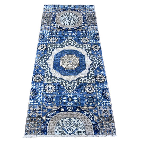 2'6"x6' Space Cadet Blue, Dense Weave Vegetable Dyes, Soft Wool Hand Knotted, Fine Aryana  with Mamluk Borderless Design, Runner Oriental Rug HR88339