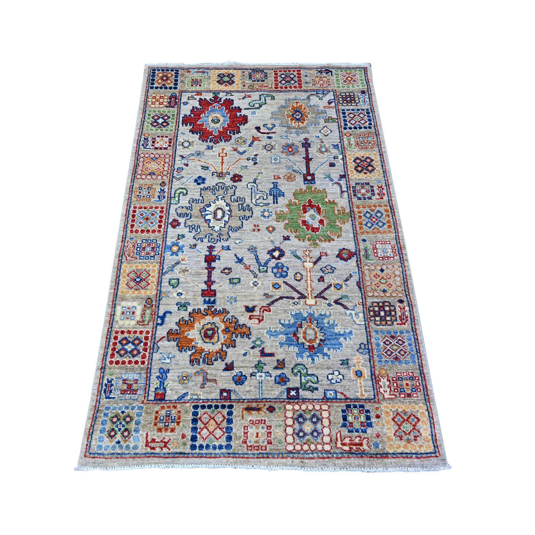 3'1"x5' White Gray, Aryana Collection, Mahal Design with Geometric Leaf Elements, Vegetable Dyes, Extra Soft Wool, Hand Knotted, Oriental Rug HR88341