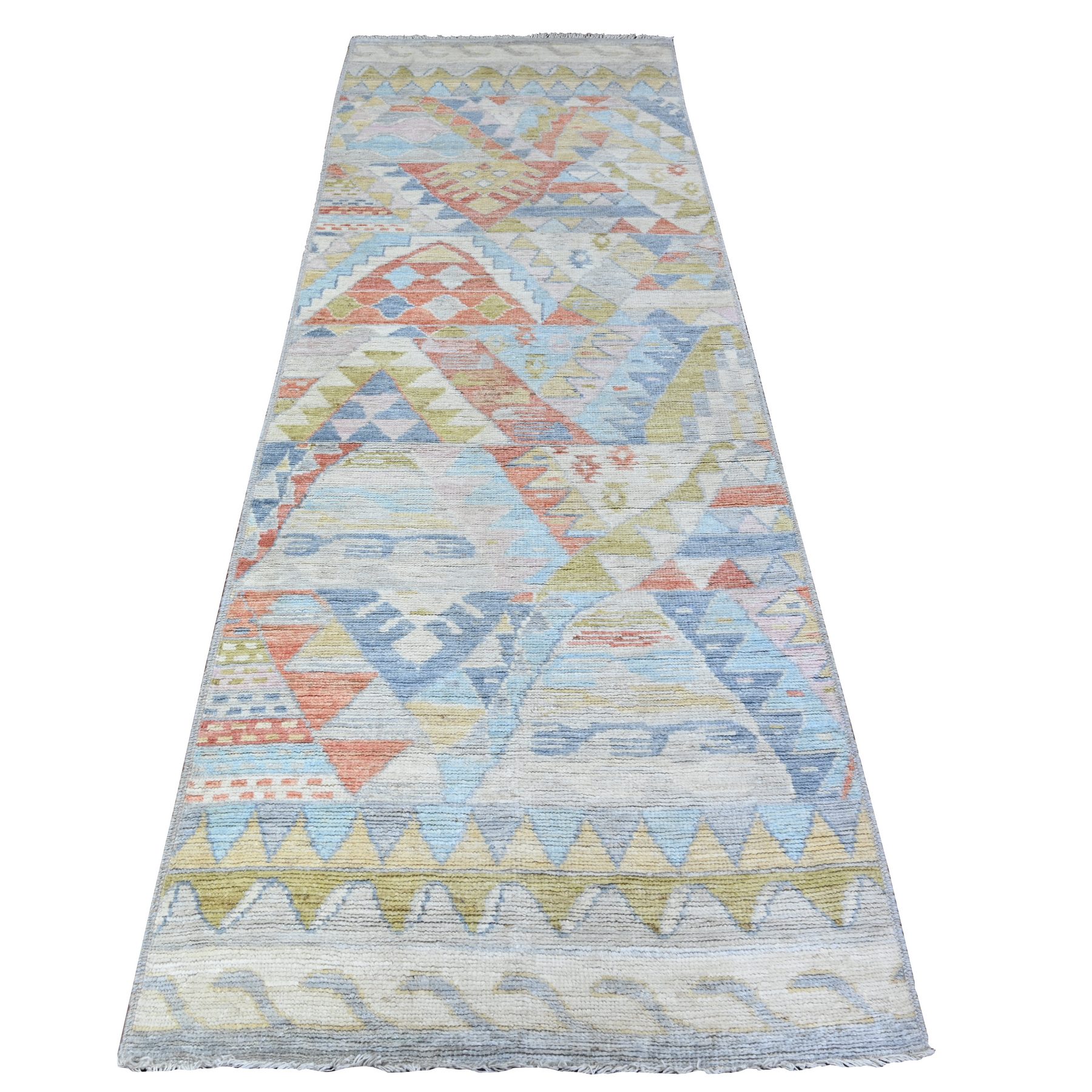 3'1"x9'5" Chrome Silver, Colorful, Hand Knotted Anatolian Village Inspired with Patch Work Design, Natural Dyes Denser Weave, Soft and Velvety Wool, Runner Oriental Rug HR88369